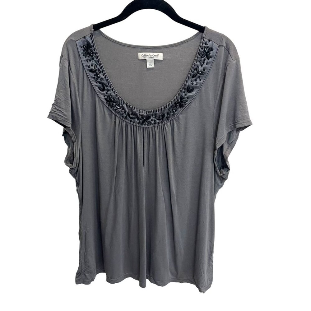 Coldwater Creek Gray Jersey Knit Embellished Top Stretch Comfort‎ Flowy Size 2X